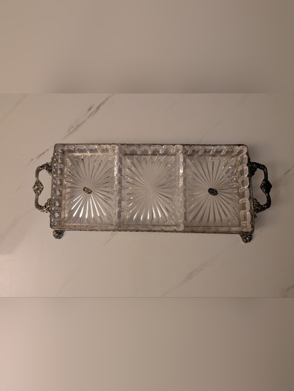 Vintage 1969 Italian Lead Crystal Relish Set 3 Section Silver Plated Footed Tray